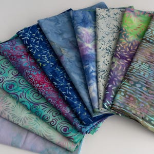 Fat Eighth Bali Assortment of blue theme Bundle - 10 Different Pieces - Hand Dyed Bali Batik Cotton Quilt Fabric