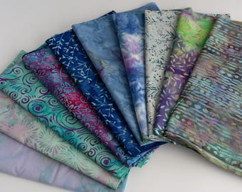 Fat Eighth Bali Assortment of blue theme Bundle - 10 Different Pieces - Hand Dyed Bali Batik Cotton Quilt Fabric