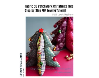 Árbol de Navidad de patchwork textil en PDF, patrón de costura para adornos, decoración navideña DIY, tutorial imprimible.