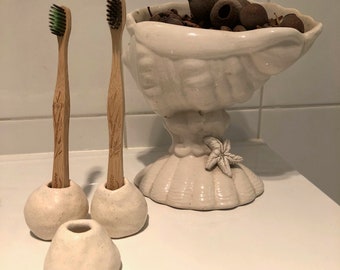 3 X White ceramic, matte white, handmade toothbrush holder.