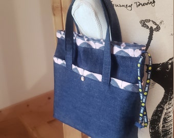 Petit sac bourse multipoche en jeans et coton rose