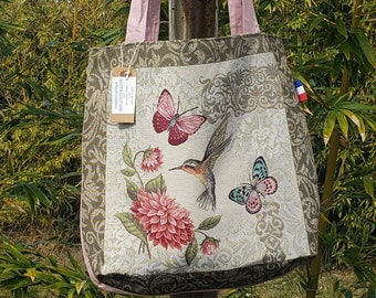 Tote bag ,sac shopping carré de jacquard papillons tissu lin ,coton.