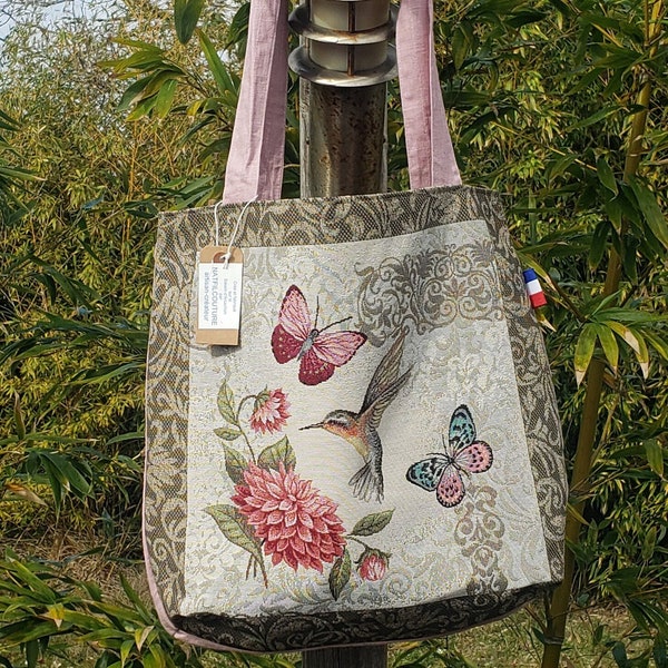 Tote bag ,sac shopping carré de jacquard papillons tissu lin ,coton.