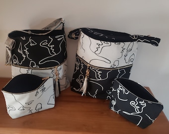 Black and white fabric bags for Women and Men printed "in France.