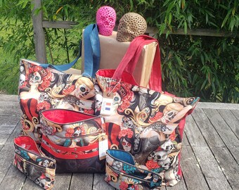 Tote bag ,sac shopping et sa  pochette, collection "Día de Muertos "tissu:  Las Elegantes de Alexander Henry "