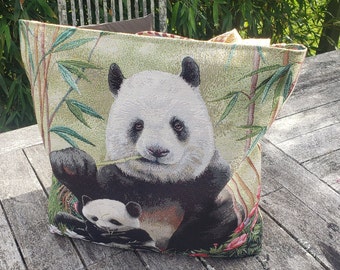 Tote Bag,  sac shopping, carré de jacquard  maman panda et son bébé .