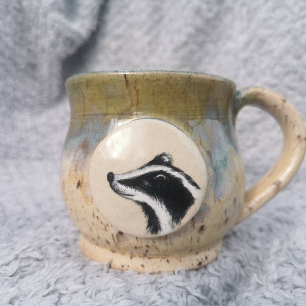 Handmade wheel thrown handpainted  - badger art mug  280ml coffee mug