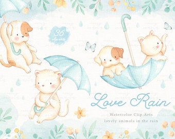 Love Rain Watercolor Clipart, Cat & Dog Clipart, Rain, Woodland Animals, Kids Clipart, Nursery Decor, Kids Art, Nursery Art, Watercolor Blue