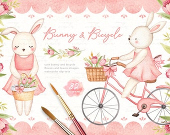 Bunny & Bicycle Watercolor Clip Arts, Animals, Baby Girl Clipart, Kids Clipart, Nursery Decor, Girl Room, Nursery Art, Watercolor Flowers