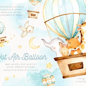 Clipart ad acquerello in mongolfiera, Clipart elefante, Luna, Animali del bosco, Clipart per bambini, Decorazione per l'infanzia, Stella, Arte per bambini, Arte del vivaio