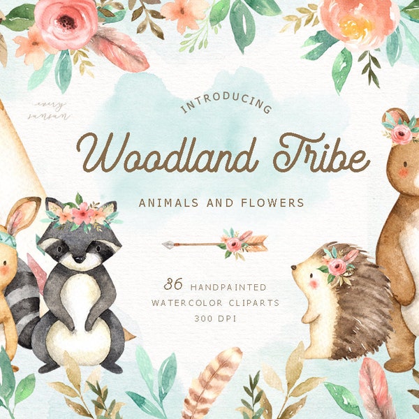 Woodland Tribe Aquarelle Clip Art, Woodland Animals, Kids Clipart, Boho Clipart, Nursery Decor, Animal avec couronne de fleurs, Rabbit Bear