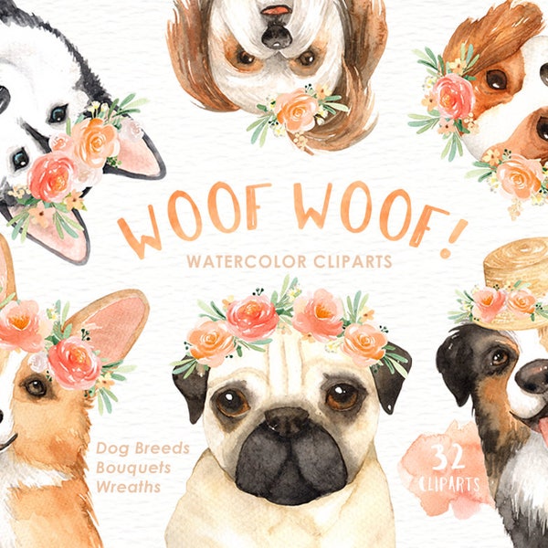 ¡Woof Woof! Perros Lover Cliparts, Animales del bosque, Clipart para niños, Clipart para perros, Decoración de vivero, Animal con corona de flores, pug, razas de perros, cachorro