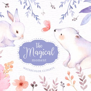 The Magical Moment Watercolor Clipart, Bunny Clipart, Polar Bear, Woodland Animals, Kids Clipart, Wedding invitation, Pastel, Flower clipart