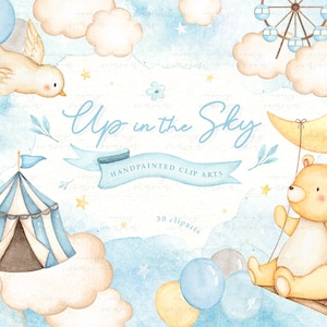 Up in the Sky Watercolor Clip Arts, Blue Nursery Clipart, Moon, Woodland Animals, Kids Clipart, Nursery Decor, Stars, Kids Art, Nursery Art