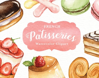French Patisseries Watercolor clipart, watercolor menu, sweet, macaroon, cafe menu, dessert, bakery, restaurant, delicious