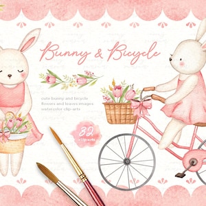 Hase & Fahrrad Aquarell ClipArt, Tiere, Baby Mädchen Clipart, Kinder Clipart, Kinderzimmer Dekor, Mädchenzimmer, Kinderzimmer Kunst, Aquarell Blumen