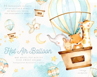 Hot Air Balloon Watercolor Clipart, Elephant Clipart, Moon, Woodland Animals, Kids Clipart, Nursery Decor, Star, Kids Art, Nursery Art