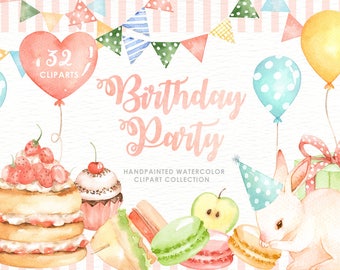Birthday Party Watercolor Cliparts, Birthday Clipart, Kids Clipart, Nursery Decor, bunny, Tea Party Birthday, Watercolor Cake, Baby Shower
