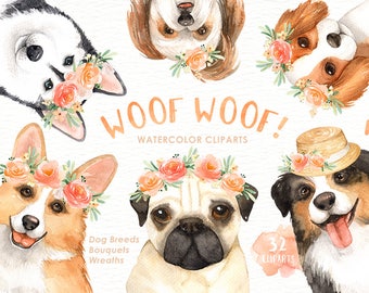 Woof Woof! Dogs Lover Cliparts, Woodland Animals, Kids Clipart,Dog Clipart, Nursery Decor, Animal with flower crown, pug, dog breeds, puppy