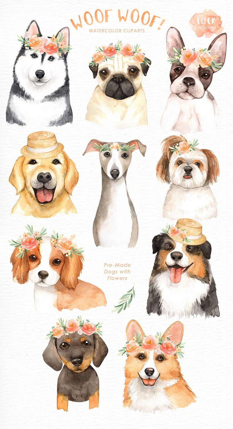 Woof Woof Dogs Lover Cliparts, Woodland Animals, Kids Clipart,Dog Clipart, Nursery Decor, Animal with flower crown, pug, dog breeds, puppy image 4