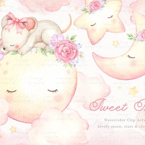 Sweet Sky Watercolor Clip Arts, Stars, Moon, Baby Girl Clipart, Kids Clipart, Nursery Decor, Girl Room, Nursery Art, Watercolor Flowers Pink image 1