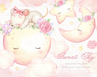 Sweet Sky Watercolor Clip Arts, Stars, Moon, Baby Girl Clipart, Kids Clipart, Nursery Decor, Girl Room, Nursery Art, Watercolor Flowers Pink