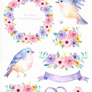 May include: Watercolor illustrations of a wreath, bouquets, birds, and ribbons. The wreath and bouquets feature pink, purple, and yellow flowers. The birds are blue and yellow. The ribbons are purple. The text "Enchanted DREAMS" and "Pre-Made Wreath & Bouquets" are included in the image.