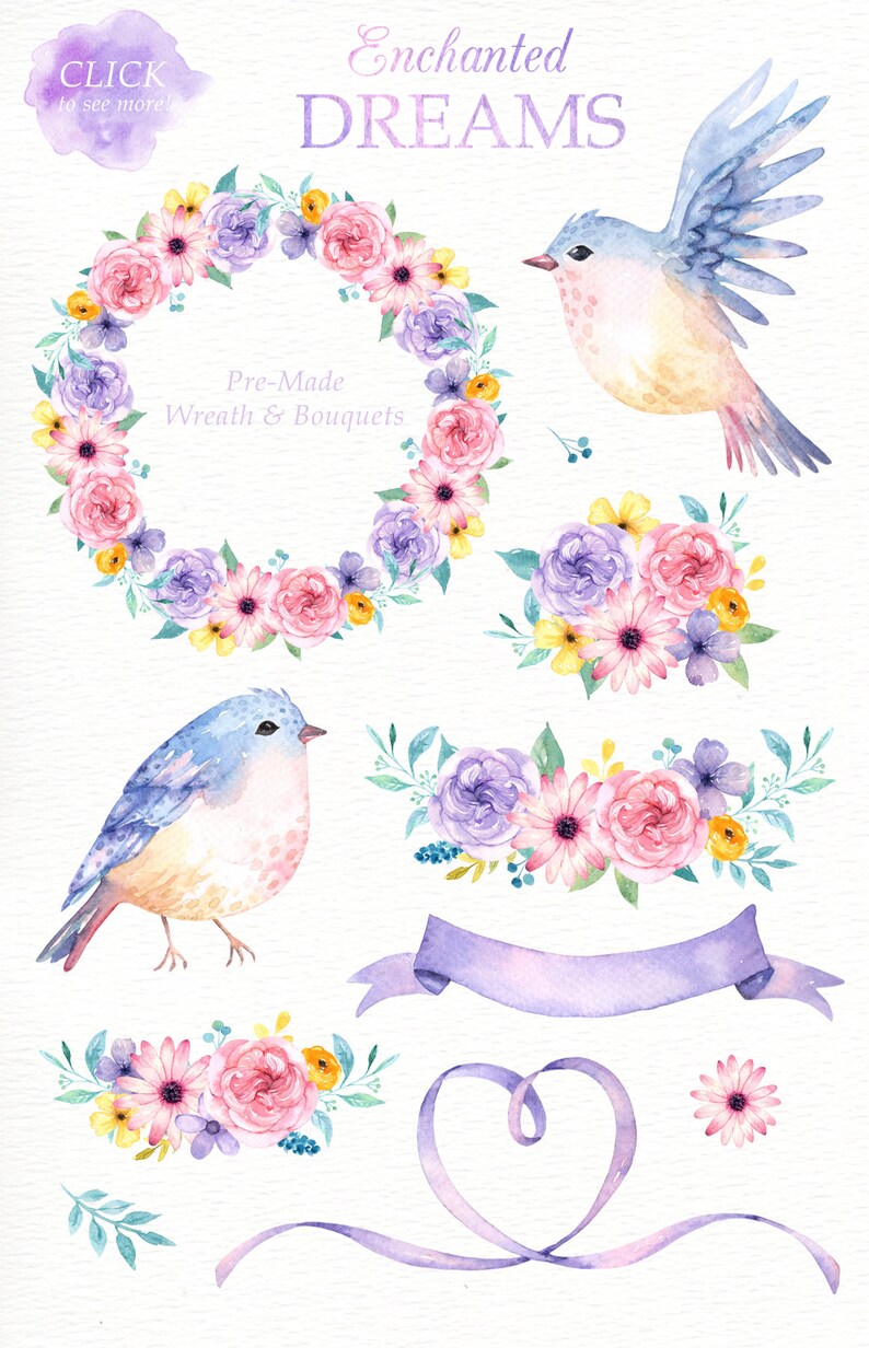 May include: Watercolor illustrations of a wreath, bouquets, birds, and ribbons. The wreath and bouquets feature pink, purple, and yellow flowers. The birds are blue and yellow. The ribbons are purple. The text "Enchanted DREAMS" and "Pre-Made Wreath & Bouquets" are included in the image.