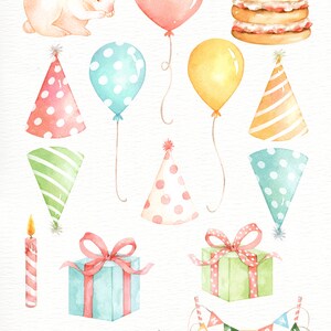 May include: Watercolor illustration of a birthday party theme. Includes a bunny, balloons, party hats, gifts, cake, and banners. The text "Birthday Party" is in a script font. The image is a hand-painted watercolor clipart collection.
