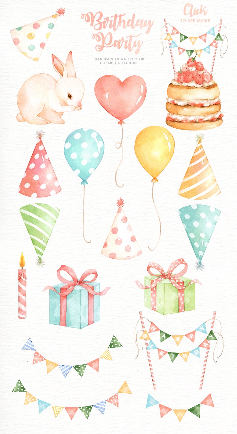 May include: Watercolor illustration of a birthday party theme. Includes a bunny, balloons, party hats, gifts, cake, and banners. The text "Birthday Party" is in a script font. The image is a hand-painted watercolor clipart collection.