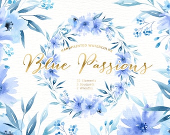 May include: Watercolor floral design featuring blue flowers and foliage. The text "Blue Passions" is in gold script. Includes 32 elements, 3 bouquets, and 2 wreaths. The design is hand-painted and suitable for various creative projects.