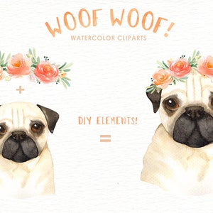 Woof Woof Dogs Lover Cliparts, Woodland Animals, Kids Clipart,Dog Clipart, Nursery Decor, Animal with flower crown, pug, dog breeds, puppy image 5