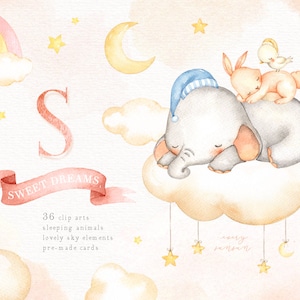 Sweet Dreams Watercolor Clip Art, Elephant, Bunny, Bird, Moon, Woodland Animals, Kids Clipart, Nursery Decor, Star, Kids Art, Nursery Art image 1