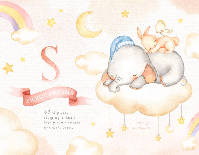 Sweet Dreams Watercolor Clip Art, Elephant, Bunny, Bird, Moon, Woodland Animals, Kids Clipart, Nursery Decor, Star, Kids Art, Nursery Art image 1