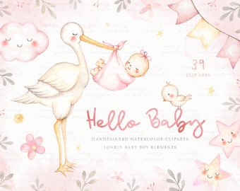 Hello Baby Pink Watercolor Clip Arts, Stork Carrying Baby, Star, Baby Girl Clipart, Kids Clipart, Nursery Decor, Boy Room, Nursery Art, Bird