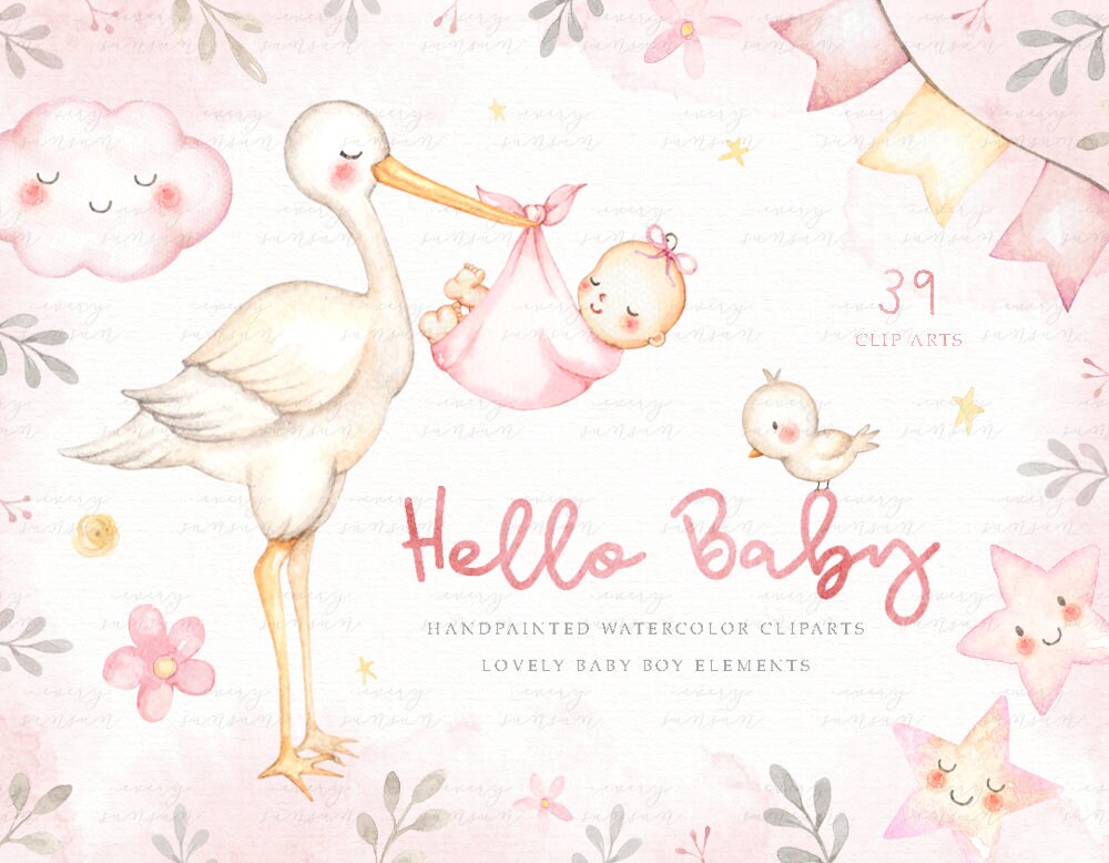 Hallo Baby Rosa Aquarell Clip Arts Storch Tragen Baby Stern Etsy