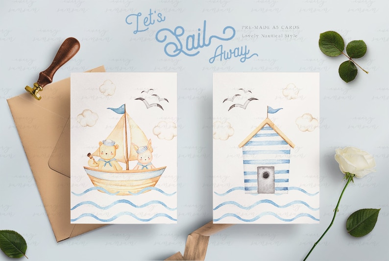 Let's Sail Away Watercolor Clip Arts, Bear, Sailor, Nautical, Woodland Animals, Kids Clipart, Nursery Decor, Boy Room, Kids Art, Nursery Art image 5