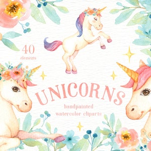 Unicorns Watercolor Clip Art, Rainbow Clipart, Woodland Animals, Kids Clipart, Nursery Decor, Pastel Watercolor, Magical Clipart, Flower