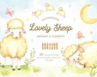 Lovely Sheep Watercolor Clip Art, Sheep Clipart, Baby, Moon, Woodland Animals, Kids Clipart, Nursery Decor, Star, Kids Art, Nursery Art