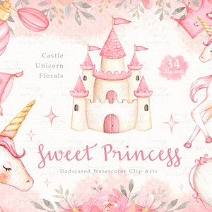 Sweet Princess Watercolor Clip Arts, Girl Clipart, Castle, Unicorn, Kids Clipart, Decoración de guardería, Acuarela pastel, Mágico, Flores rosas