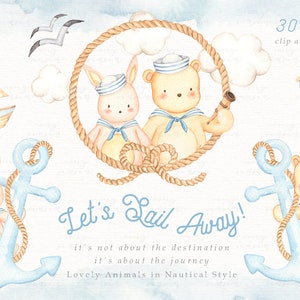 Let's Sail Away Watercolor Clip Arts, Bear, Sailor, Nautical, Woodland Animals, Kids Clipart, Nursery Decor, Boy Room, Kids Art, Nursery Art