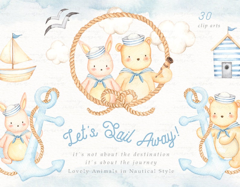 Let's Sail Away Watercolor Clip Arts, Bear, Sailor, Nautical, Woodland Animals, Kids Clipart, Nursery Decor, Boy Room, Kids Art, Nursery Art image 1