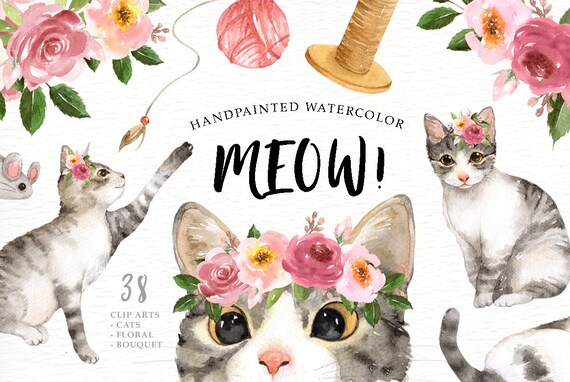 Meow Cat Lover Watercolor Cliparts Woodland Animals Kids | Etsy
