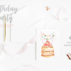 May include: A watercolor birthday card design featuring a layered cake with cherries and a banner. The image includes the text "Birthday Party" and "Handpainted Watercolor Clipart Collection". A gold pen, white envelopes, and ribbon are also present.