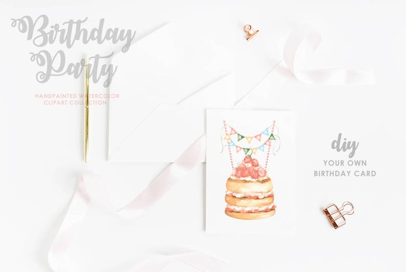 May include: A watercolor birthday card design featuring a layered cake with cherries and a banner. The image includes the text "Birthday Party" and "Handpainted Watercolor Clipart Collection". A gold pen, white envelopes, and ribbon are also present.