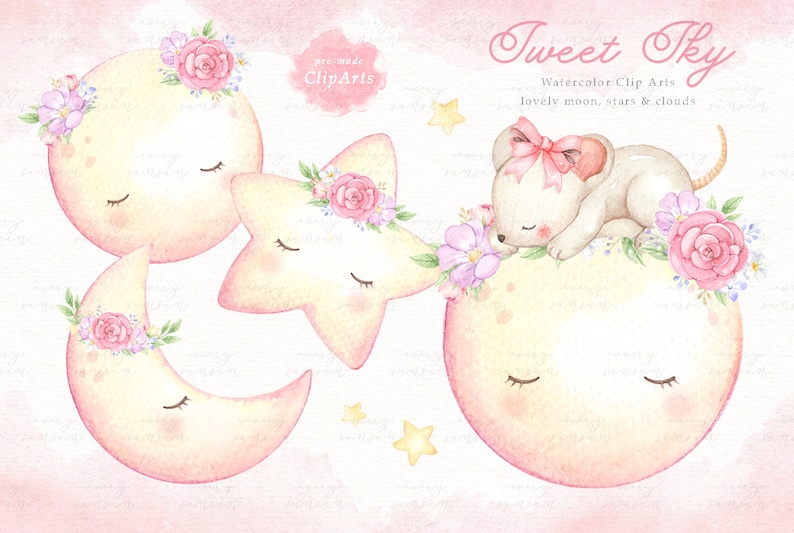 Sweet Sky Watercolor Clip Arts, Stars, Moon, Baby Girl Clipart, Kids Clipart, Nursery Decor, Girl Room, Nursery Art, Watercolor Flowers Pink image 5