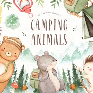 Camping Animals Acuarela Clip Arts, Woodland Animals, Kids Clipart, Boho Clipart, Nursery Decor, Camping, Outdoor, Adventure, Forest Tree