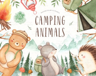 Camping Animals Watercolor Clip Arts, Woodland Animals, Kids Clipart, Boho Clipart, Nursery Decor, Camping, Outdoor, Adventure, Forest Tree