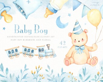 Baby Boy Watercolor Clip Arts, Bear Clipart, Toy Train, Moon, Woodland Animals, Kids Clipart, Nursery Decor, Boy Room, Kids Art, Nursery Art