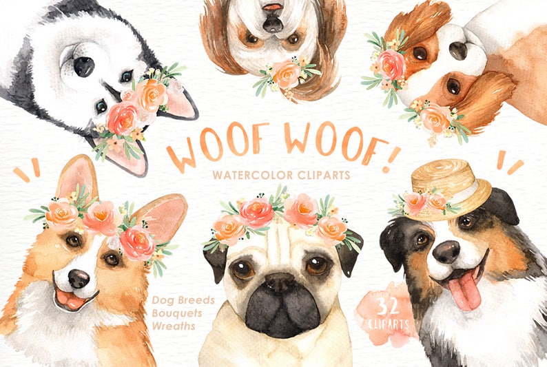 Woof Woof Dogs Lover Cliparts, Woodland Animals, Kids Clipart,Dog Clipart, Nursery Decor, Animal with flower crown, pug, dog breeds, puppy image 1